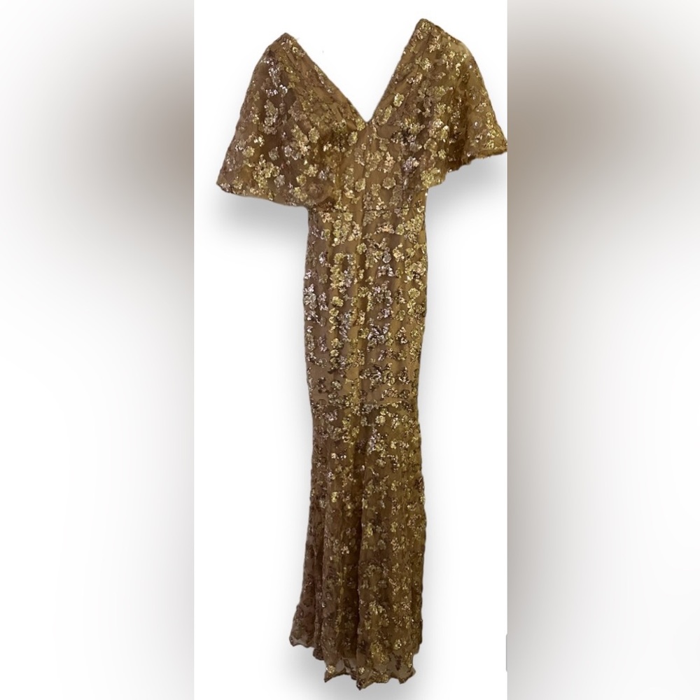 NEW Dress the Population Women's Lourdes Flutter Sleeve Sequin Lace Long Gown